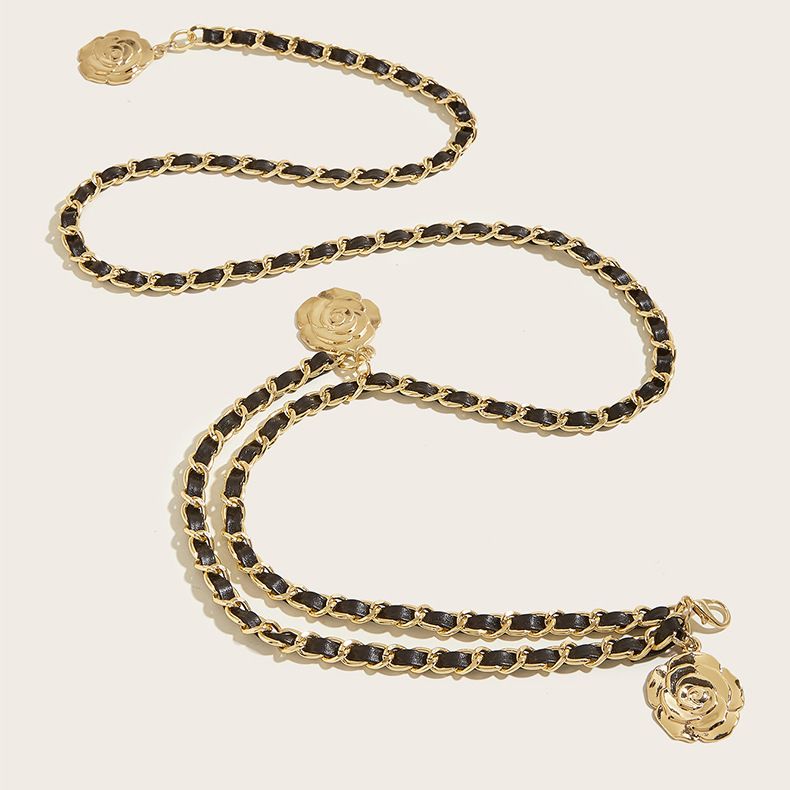 Leather Chain Belts for Women Girls, Layered Body Chain Belts Metal Waist Chain for Dress Vest Jeans（black）