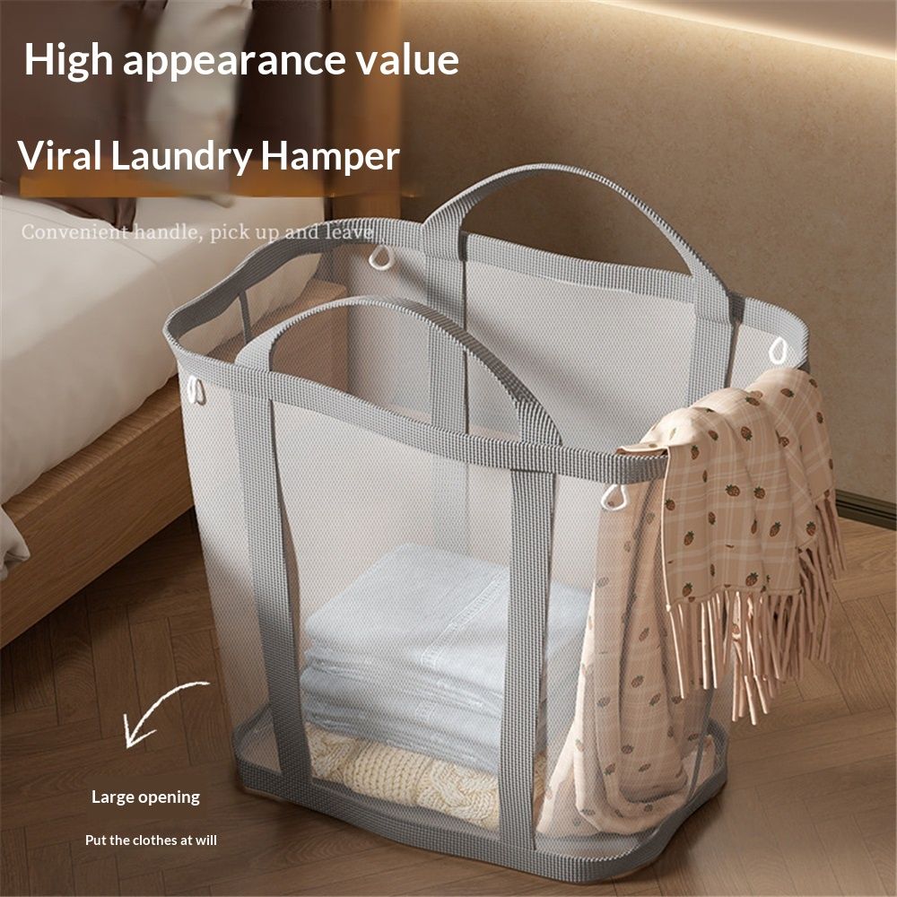 Mesh Bag with Handles, Collapsible Laundry Basket, Foldable Laundry Bag, Breathable Folding Beach Bag,Space-saving Travel Tote Bags (1, Grey)