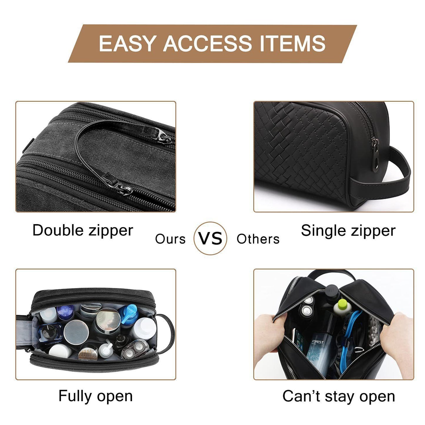 Toiletry Bag for Men, Canvas Travel Toiletry Organizer Dopp Kit Water-resistant Shaving Bag for Toiletries Accessories,black-Medium