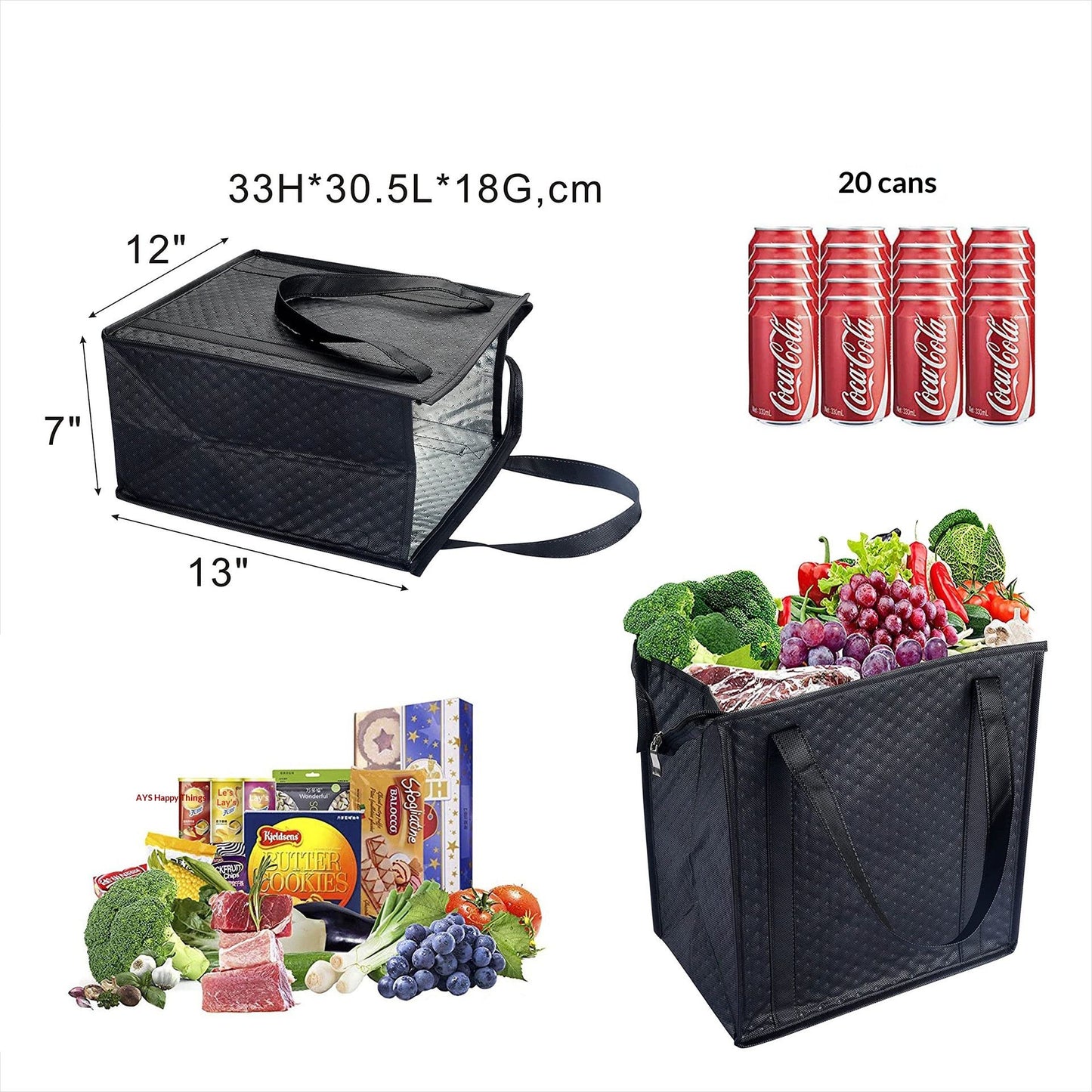 2pcs Large Capacity Heavy Duty Insulated Shopping Bag 6.9-liter folding insulation bag, refrigerated bag, non-woven food delivery insulation bag（black+blue）