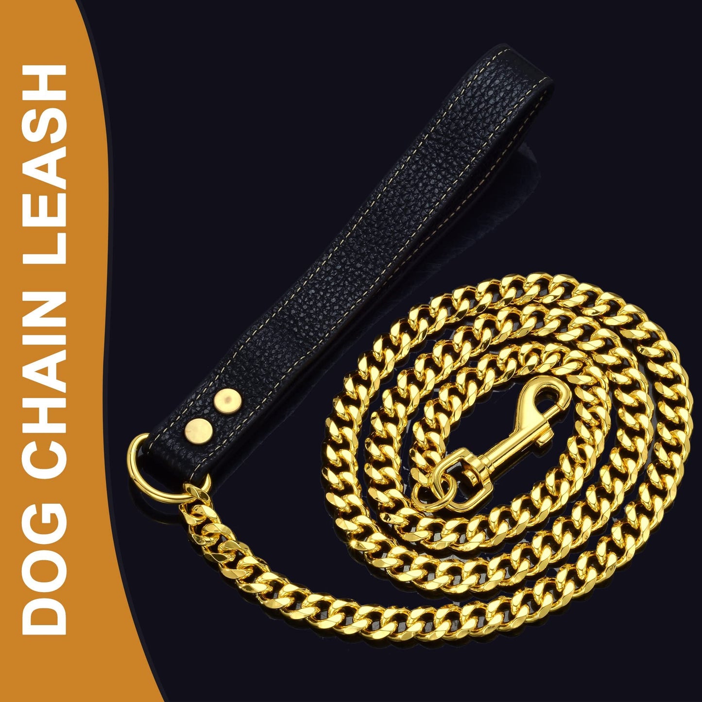Dog Chain Leather Gold Dog Leather 4FT Stainless Steel 10mm Cuban Chain Dog Leather with Comfortable Handle, Suitable for Small, Medium and Large Dogs