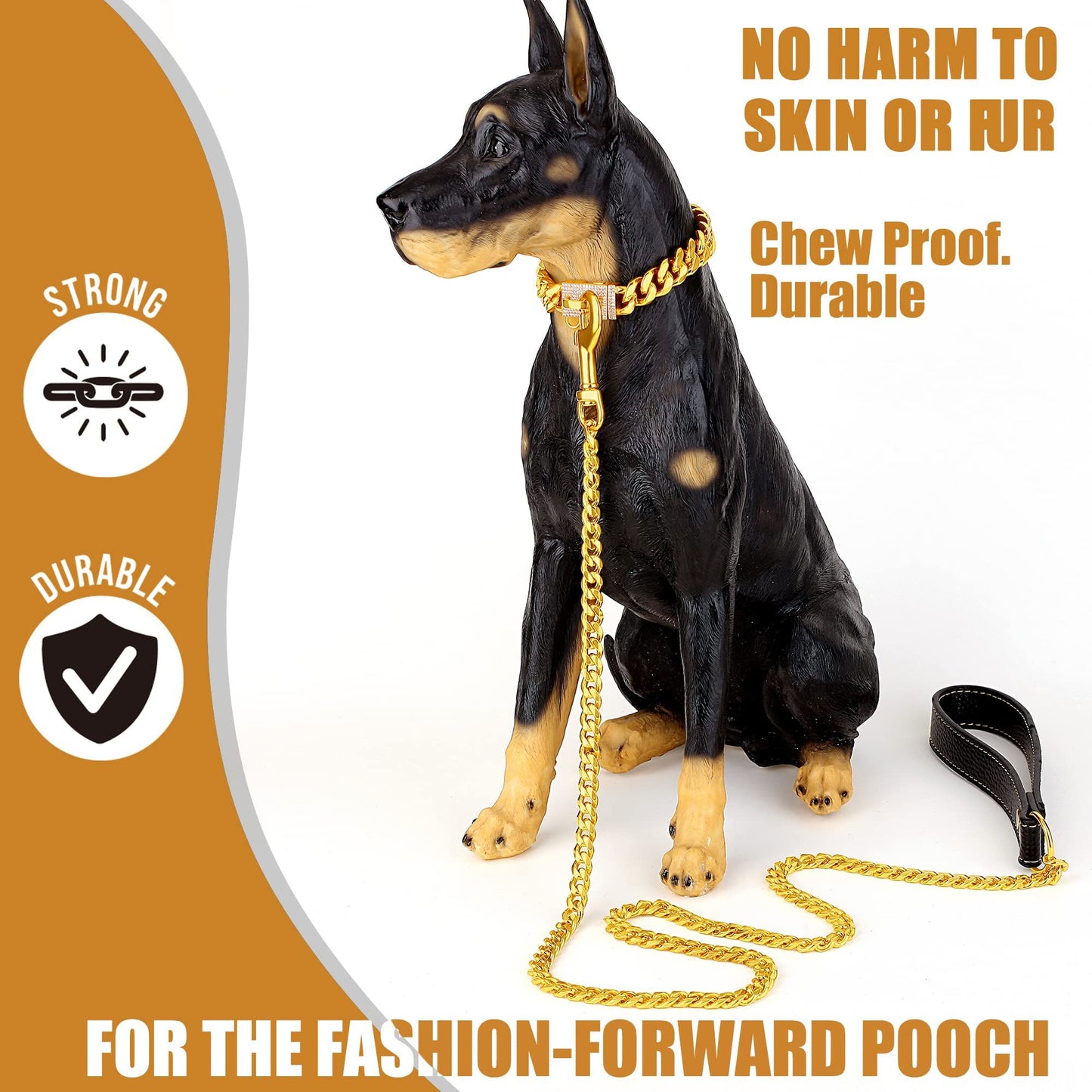 Dog Chain Leather Gold Dog Leather 4FT Stainless Steel 10mm Cuban Chain Dog Leather with Comfortable Handle, Suitable for Small, Medium and Large Dogs