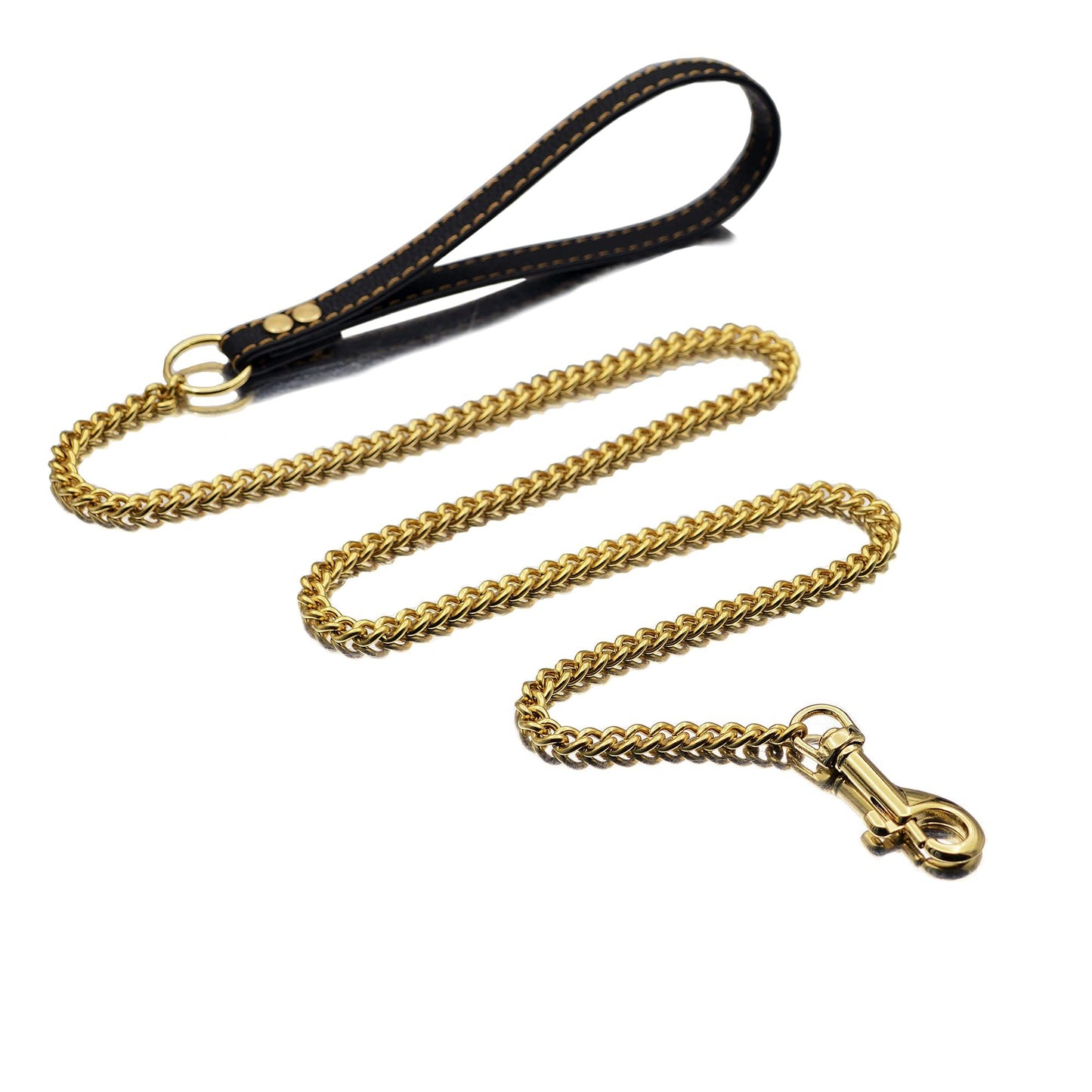 Dog Chain Leather Gold Dog Leather 4FT Stainless Steel 10mm Cuban Chain Dog Leather with Comfortable Handle, Suitable for Small, Medium and Large Dogs