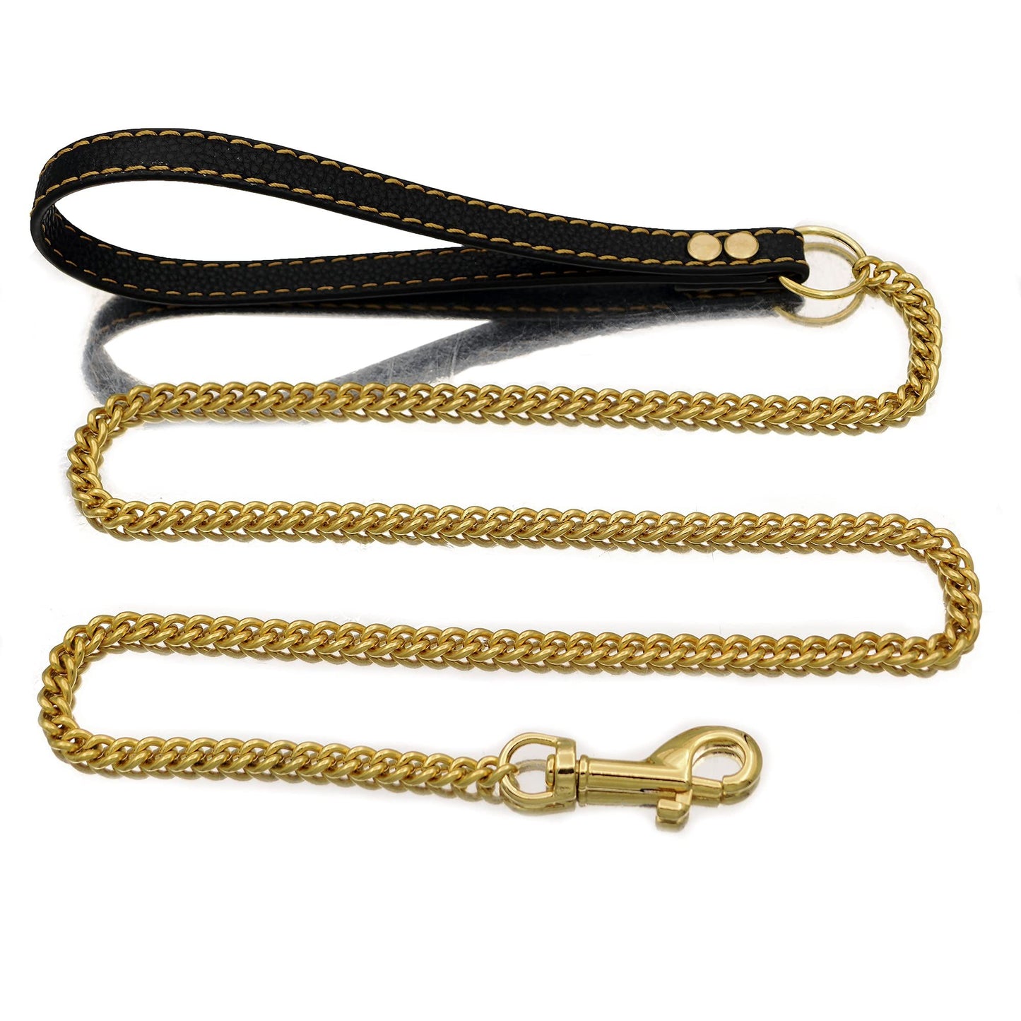 Dog Chain Leather Gold Dog Leather 4FT Stainless Steel 10mm Cuban Chain Dog Leather with Comfortable Handle, Suitable for Small, Medium and Large Dogs