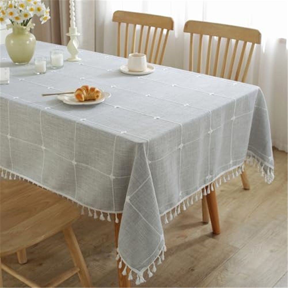 Rectangle Table Cloth, Heavy Duty Cotton Linen Waterproof Tablecloths Farmhouse Tablecloth, Soft and Wrinkle Free Table Cover with Tassels, 55''x70'', Grey