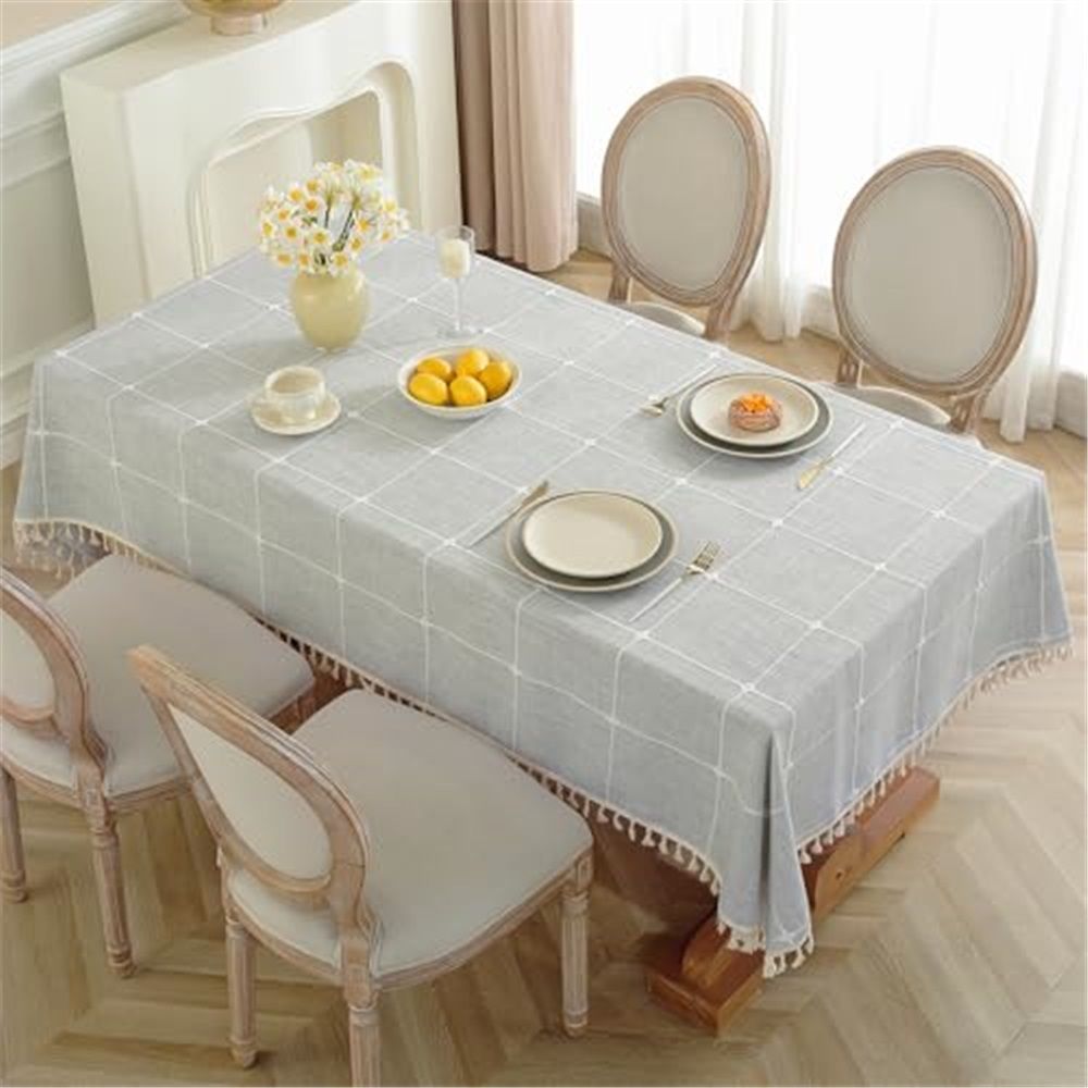 Rectangle Table Cloth, Heavy Duty Cotton Linen Waterproof Tablecloths Farmhouse Tablecloth, Soft and Wrinkle Free Table Cover with Tassels, 55''x70'', Grey