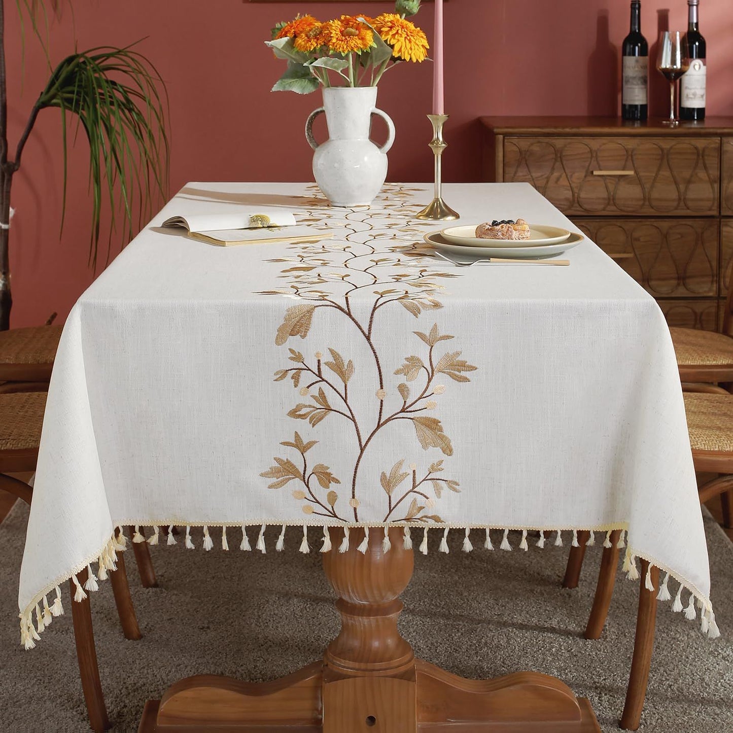 Cotton Linen Waterproof Tablecloth for Dining Table Farmhouse Kitchen Rectangle Table Cloth Coffee Wrinkle Free Tables Cover, Beige, Coffee Flower, 100*140cm