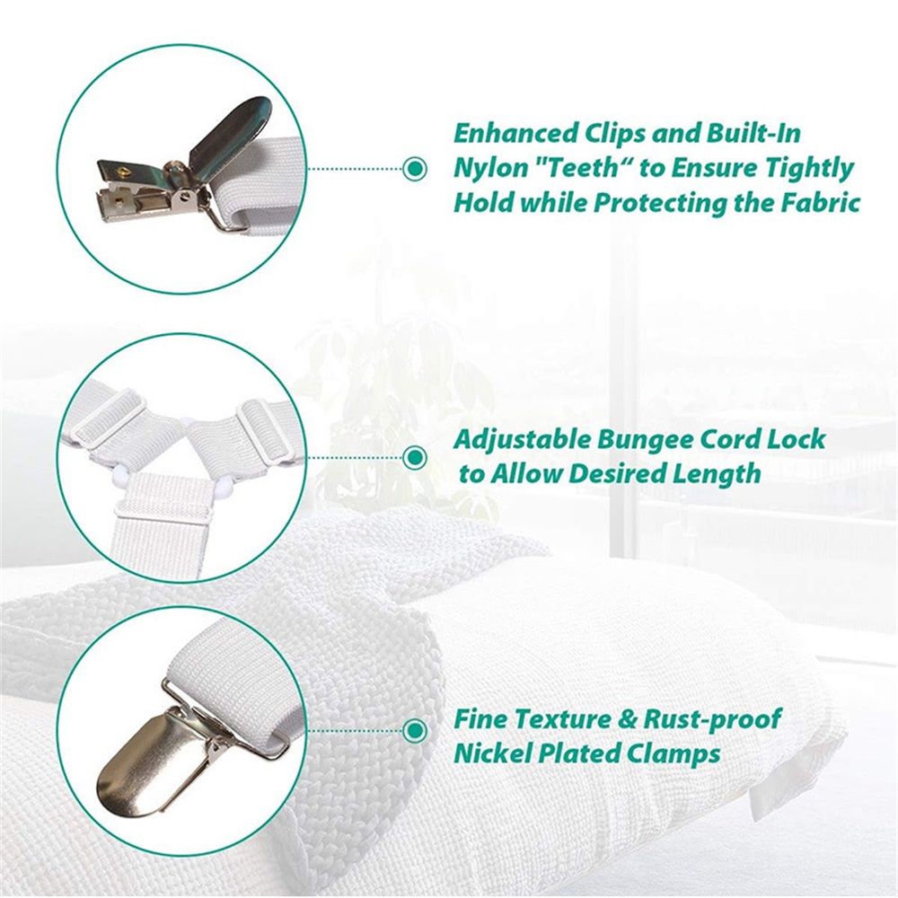 8 pcs Bed Sheet Straps Holders, Adjustable Non Slip Elastic Bedsheet Grippers Triangle Mattress Suspenders, Keep in Place Fitted Bed Sheet Holders for Corners, Mattress Cover Straps White