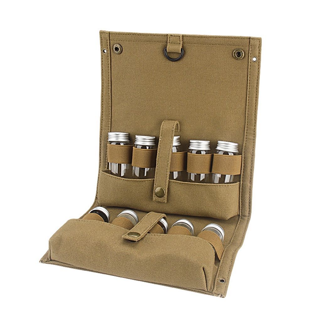 Travel Spice Kit, Portable Spice Bag with 10 Spice Jars, Canvas Seasoning Storage Bag Organizer, Seasoning Bottle Holder with Mini Condiment Bottle, Condiment Container Set for Outdoor Camping BBQ