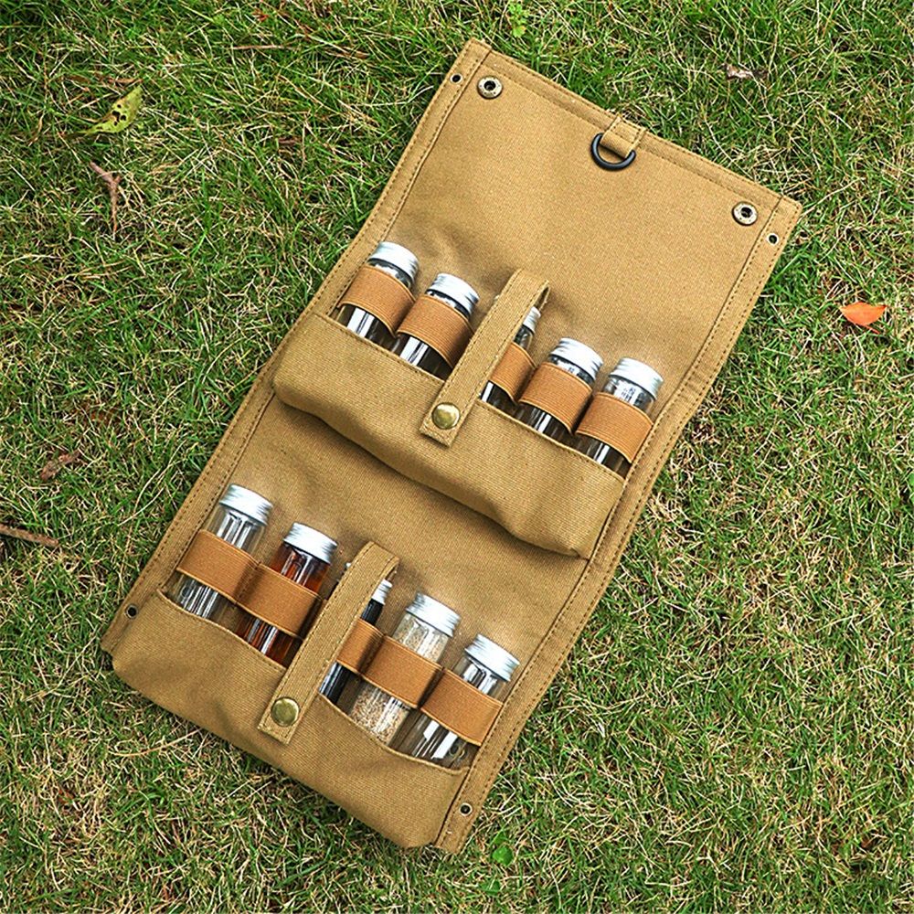 Travel Spice Kit, Portable Spice Bag with 10 Spice Jars, Canvas Seasoning Storage Bag Organizer, Seasoning Bottle Holder with Mini Condiment Bottle, Condiment Container Set for Outdoor Camping BBQ