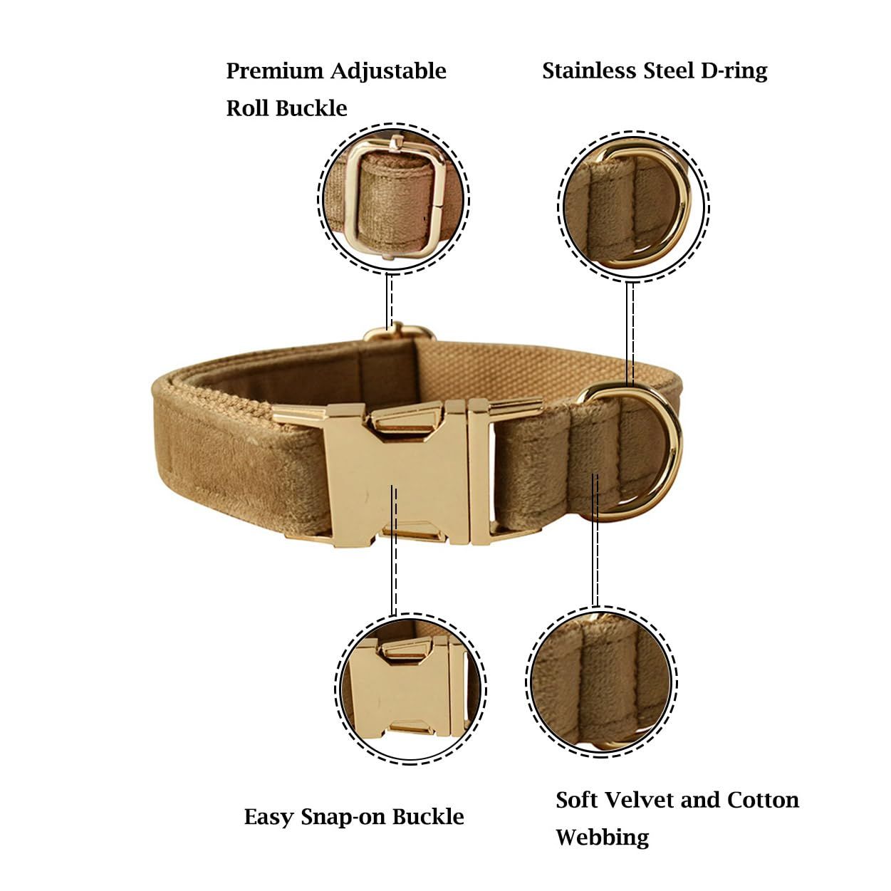 Dog Collar and Leash Set，Soft & Comfy Velvet Dog Collars with Heavy Duty Metal Buckle and Matching Lead Adjustable for Small Medium Dogs (brown)