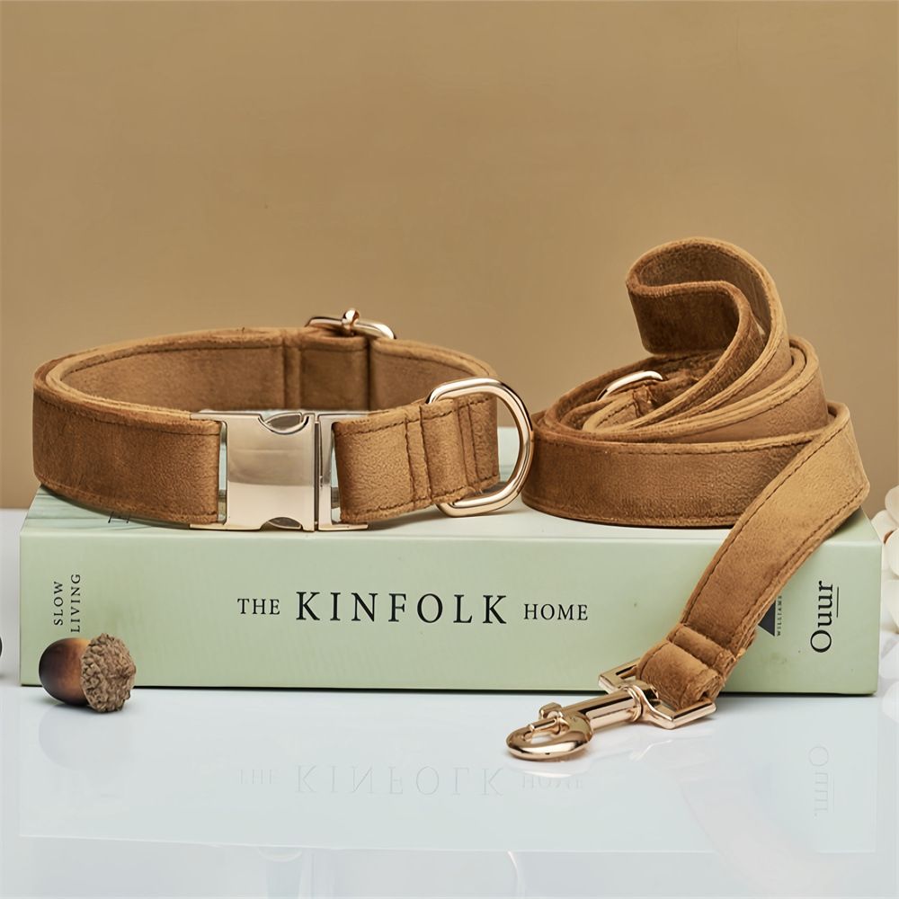 Dog Collar and Leash Set，Soft & Comfy Velvet Dog Collars with Heavy Duty Metal Buckle and Matching Lead Adjustable for Small Medium Dogs (brown)