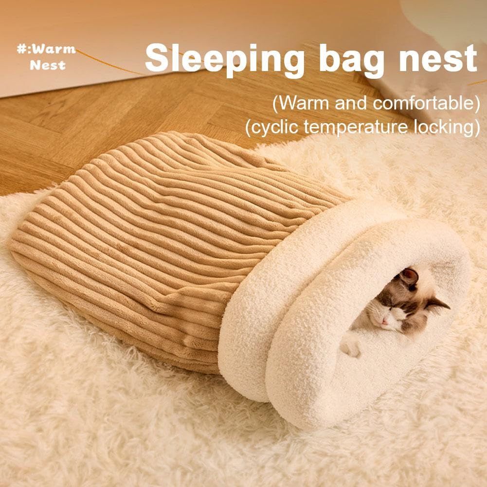 Cat Sleeping Bag for Indoor Cats，Soft Plush Cat Sack， Self Warming Cats Cave Bed, Pet Snuggle Sack for Kitten Puppy(Brown, M)