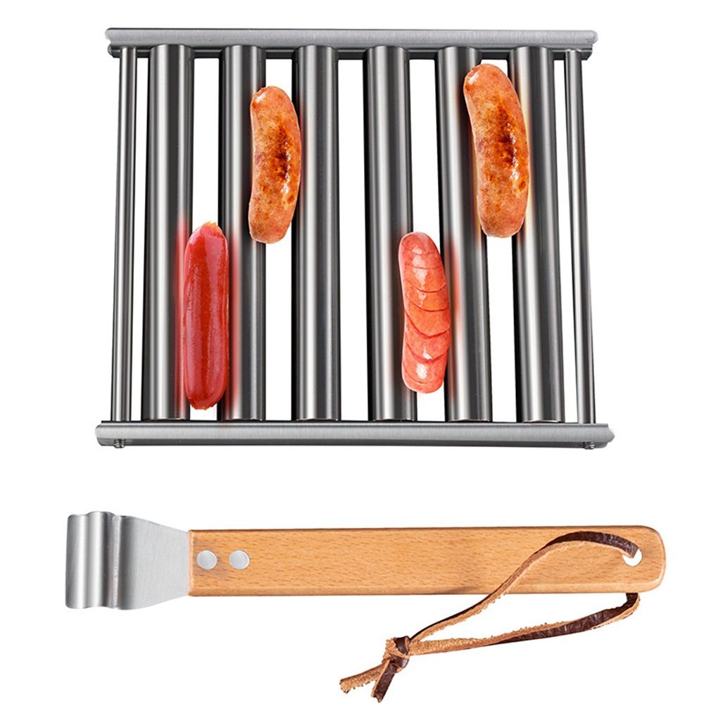 Hot Dog Roller, Sausage Roller for Grill, Stainless Steel BBQ Hot Dog Griller with Extra Long Wood Handle, Evenly Cooked Hotdogs, 6 Rollers for 5 Hot Dogs（16.5*14*3.5cm）