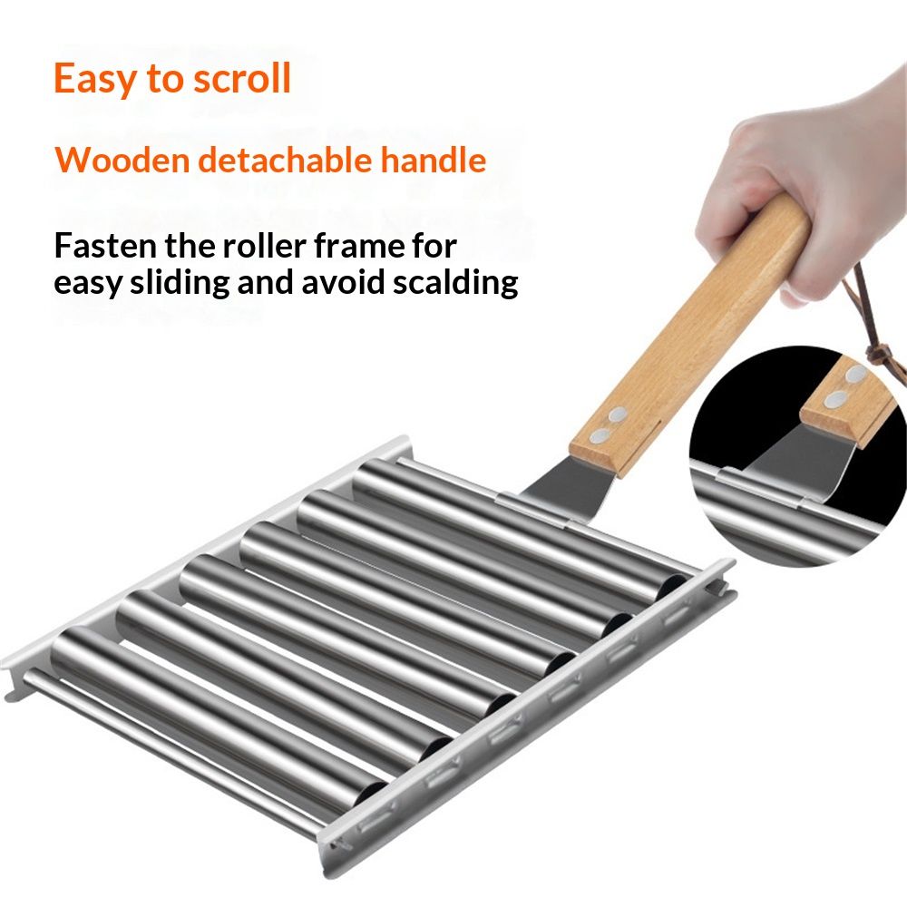 Hot Dog Roller, Sausage Roller for Grill, Stainless Steel BBQ Hot Dog Griller with Extra Long Wood Handle, Evenly Cooked Hotdogs, 6 Rollers for 5 Hot Dogs（16.5*14*3.5cm）