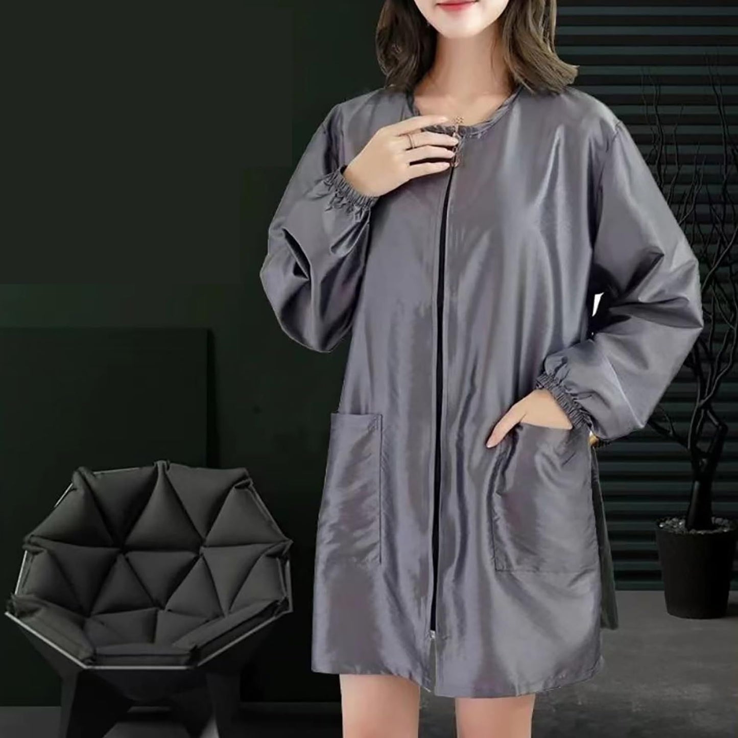 Pet Grooming Workwear with Full Zipper, Lightweight Splash Proof Short & Long Sleeves Hair Grooming Smock Jacket（silver M）