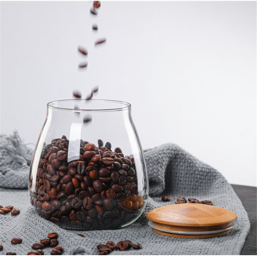 800 ML Clear Cute Glass Storage Canister Holder with Airtight Bamboo Lid, Round Modern Decorative Container Jar for Coffee, Spice, Candy, Salt, Cookie, Condiment, Pepper, Sugar