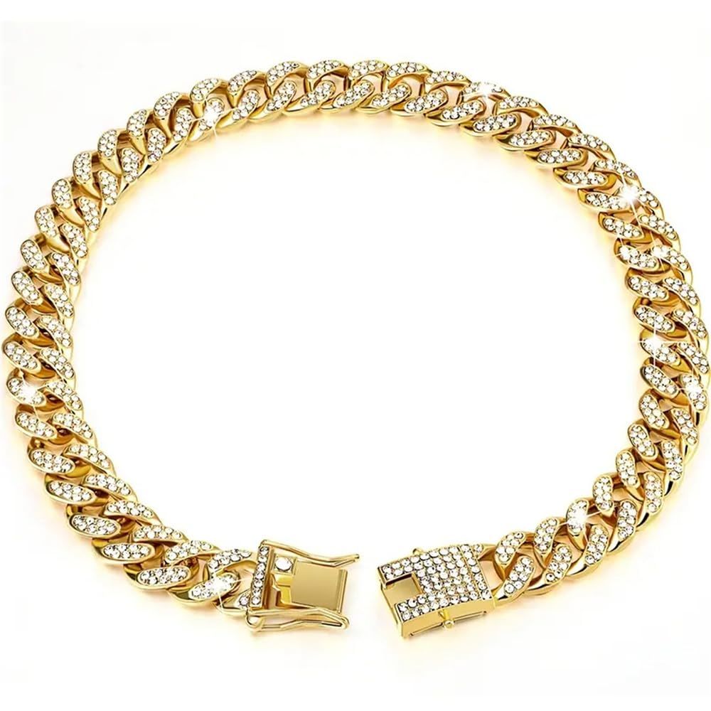 Dog Chain Collar   Wide Diamond Collar Large Dog Necklace Metal Pet Crystal Collar Jewelry Accessories for Medium Large Dogs(8 Inch)golden