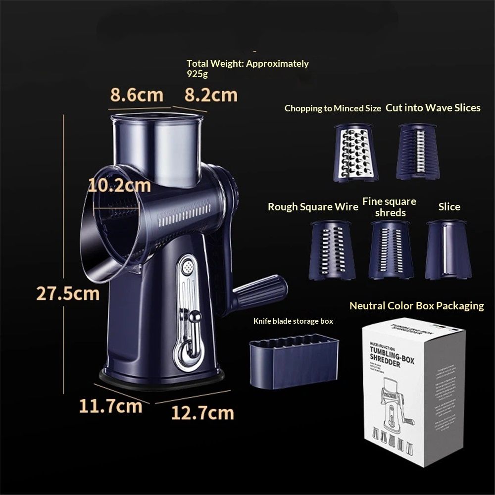 Rotary Cheese Grater with Handle, Manual Vegetable Slicer Grater with 5 Detachable Stainless Steel Blades, Round Grater Slicer Hand Crank Food Chopper for Kitchen with Blade Storage Box