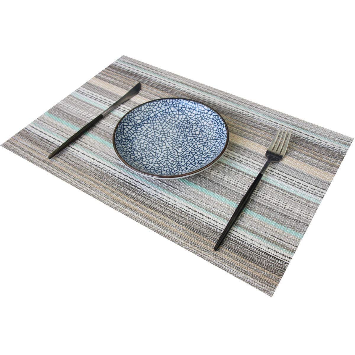 Placemats Set of 6, Heat Resistant Non-Slip Woven Table Mats for Dining Table, Washable Durable Elegant Place Mats for Kitchen Indoor/Outdoor Use (blue stripes)