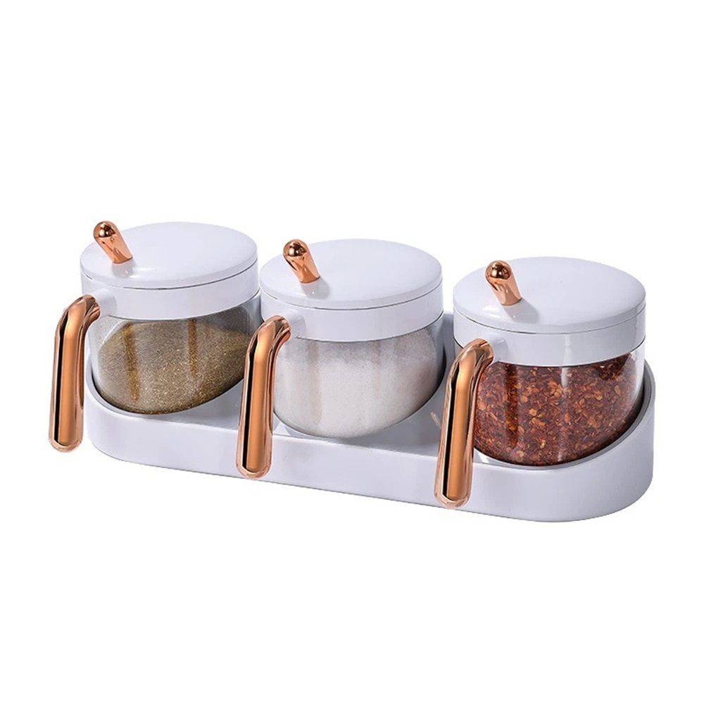 Condiment Spice Jars, Condiment Jar Spice Container with Lids and Spoons and Tray,Clear Condiment Canisters,3Pack Box Bowl Set for Sugar Pepper,for Kitchen,Counter