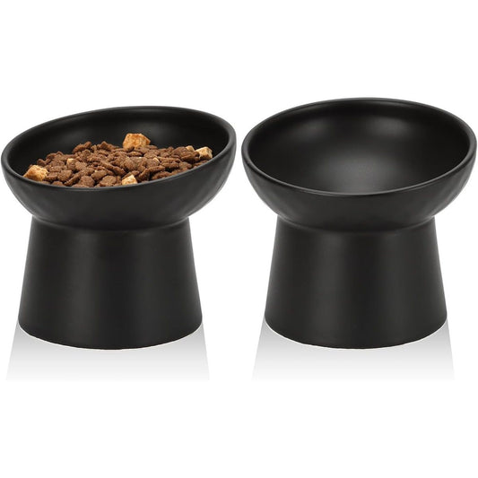 Ceramic Raised Cat Bowls, Elevated Tilted Cat Food and Water Bowls Set, Stress Free Pet Feeding Dish for Indoor Cats and Small Dogs, Anti Vomiting, Black, 2 Pack