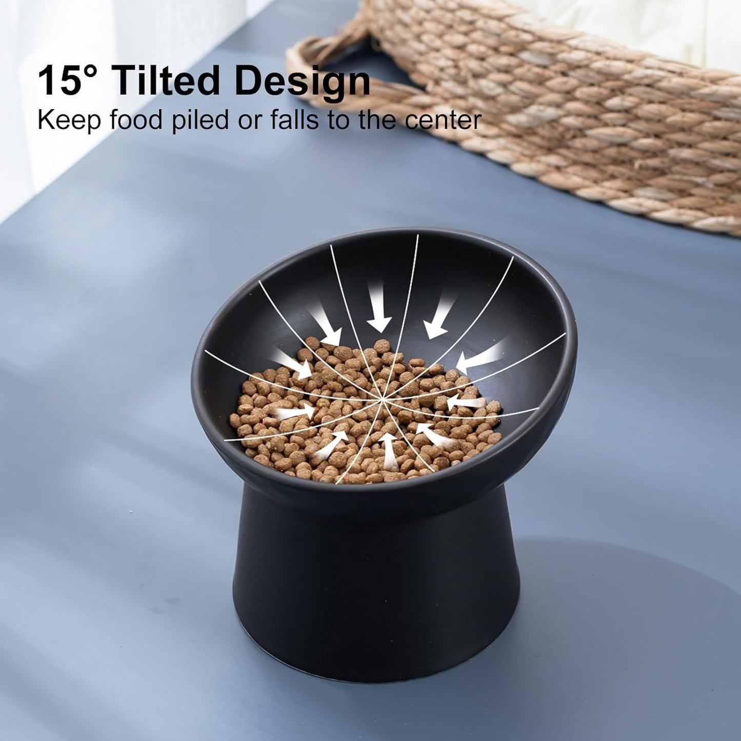 Ceramic Raised Cat Bowls, Elevated Tilted Cat Food and Water Bowls Set, Stress Free Pet Feeding Dish for Indoor Cats and Small Dogs, Anti Vomiting, Black, 2 Pack