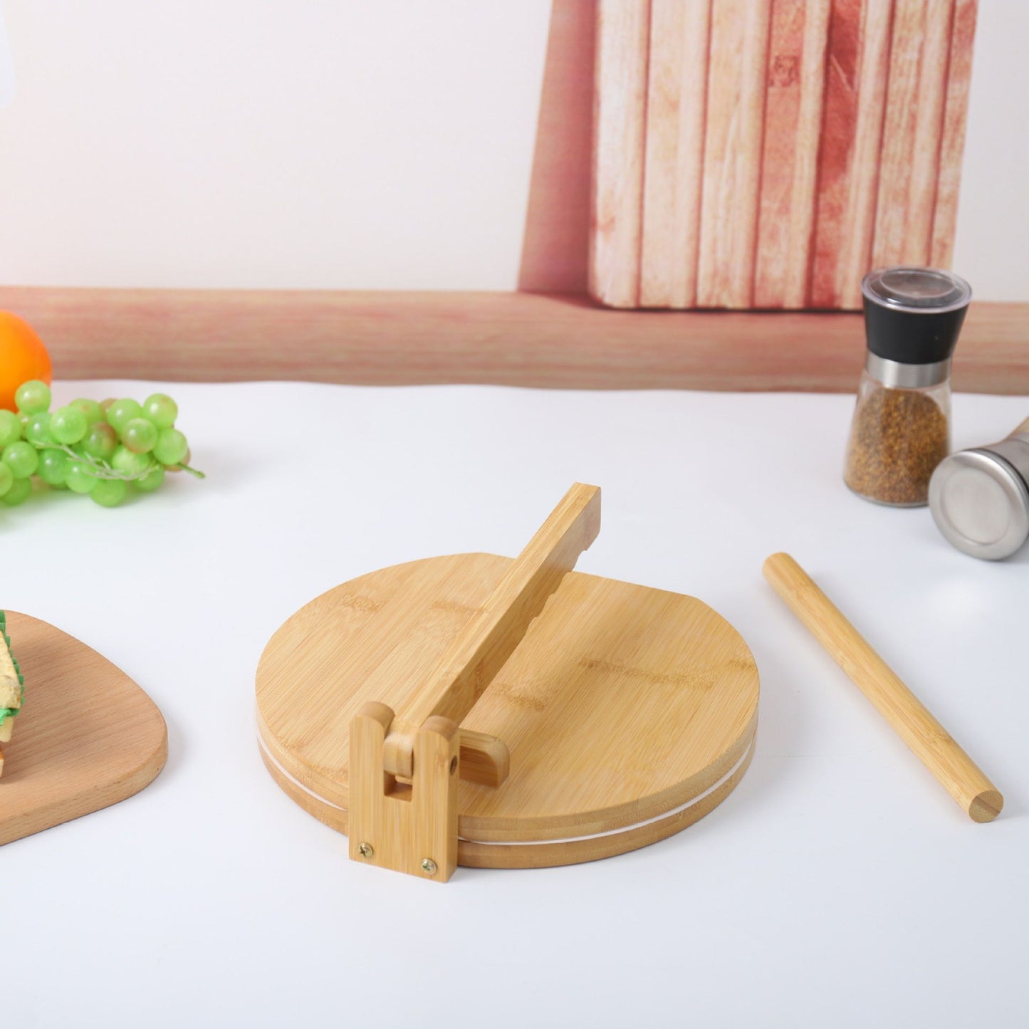 Tortilla Press  Bamboo Tortilla Maker  Mexican Tortillera Presser Homemade Tortillas  Dough Press  Wooden Corn Tortilla Maker Quesadilla Maker Rotatable Roti Maker with Parchment Paper & Dough
