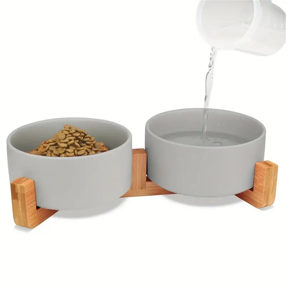 Ceramic Dog and Cat Bowl with Wood Stand Non-Slip Matte Glaze Weighted Food Water Set for Cats &Small Dogs 13.5OZ