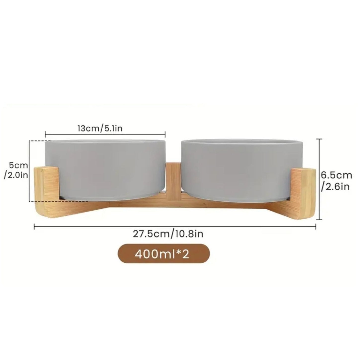 Ceramic Dog and Cat Bowl with Wood Stand Non-Slip Matte Glaze Weighted Food Water Set for Cats &Small Dogs 13.5OZ