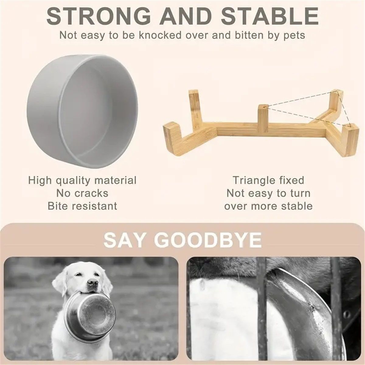 Ceramic Dog and Cat Bowl with Wood Stand Non-Slip Matte Glaze Weighted Food Water Set for Cats &Small Dogs 13.5OZ