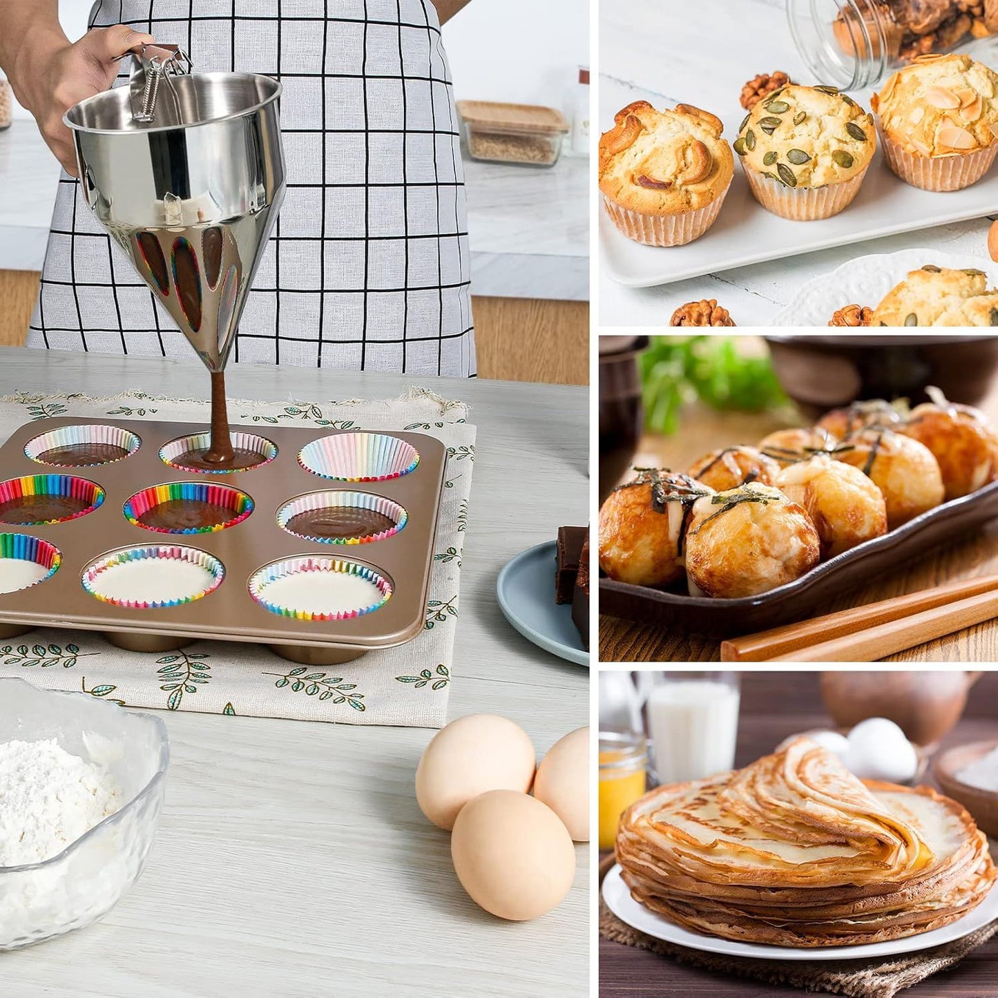 Stainless Steel Pancake Batter Dispenser, Funnel Dispenser with Stand for Baking Pancake Batter Dispenser, Multi-Caliber Stainless Steel Funnel Cake Dispenser