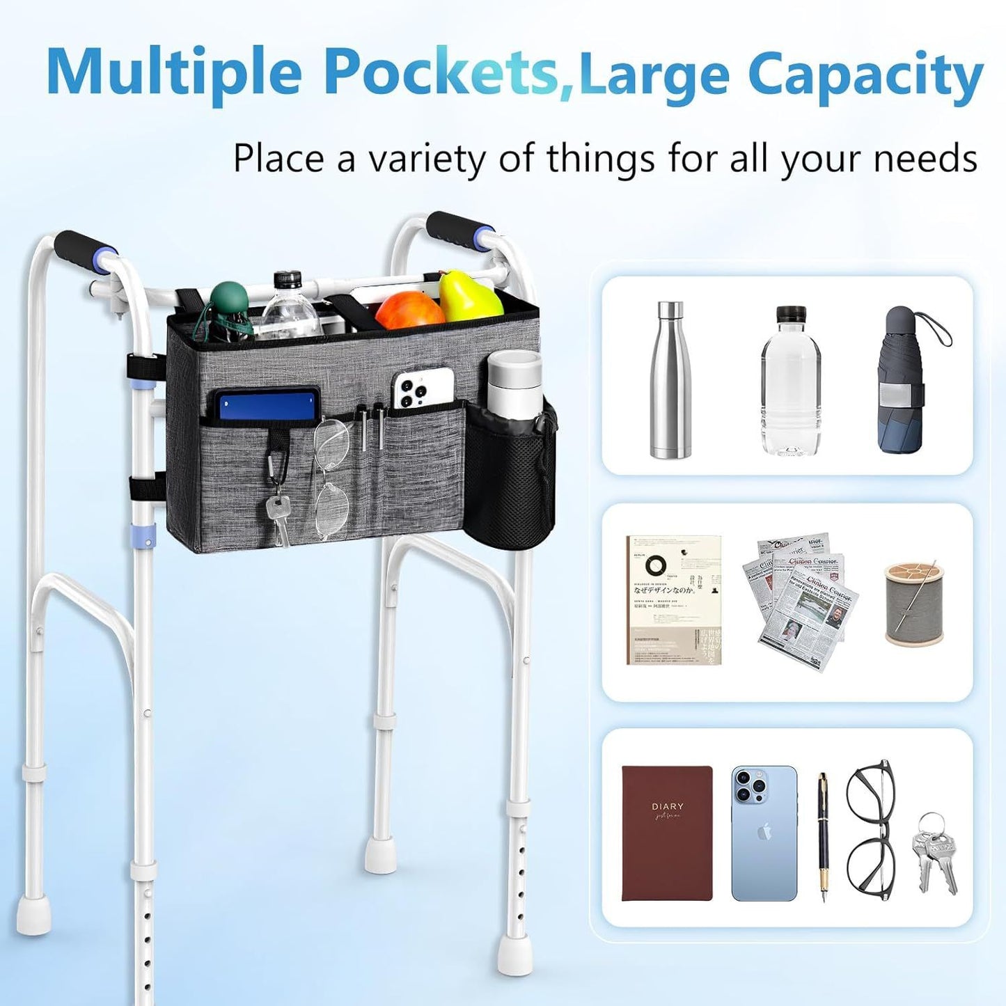 Multi Pockets Folding Walker Basket Tote Bag with Cup Holder, Hand-free Carry Pouch Storage Bag for Universal Walkers, Large Capacity Organizer for Seniors Elderly, Gray