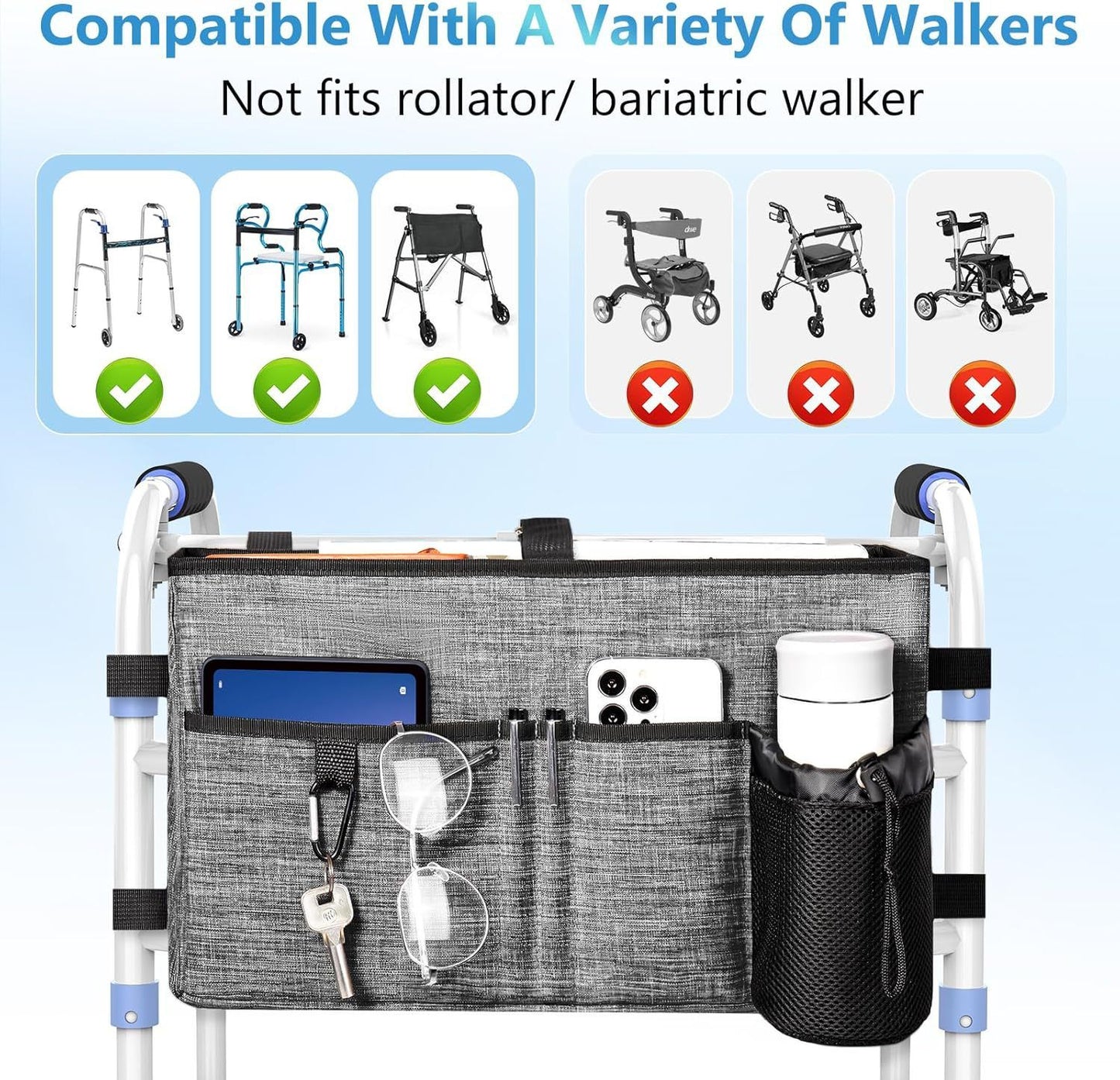 Multi Pockets Folding Walker Basket Tote Bag with Cup Holder, Hand-free Carry Pouch Storage Bag for Universal Walkers, Large Capacity Organizer for Seniors Elderly, Gray