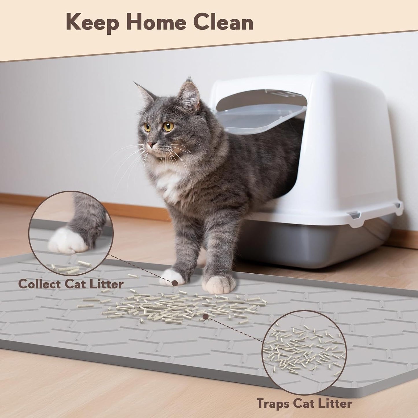 Cat Litter Box Mat, Large 34" X 22" Litter Trapping Mat for Cats, Waterproof Silicone Pad for Floor, Gray