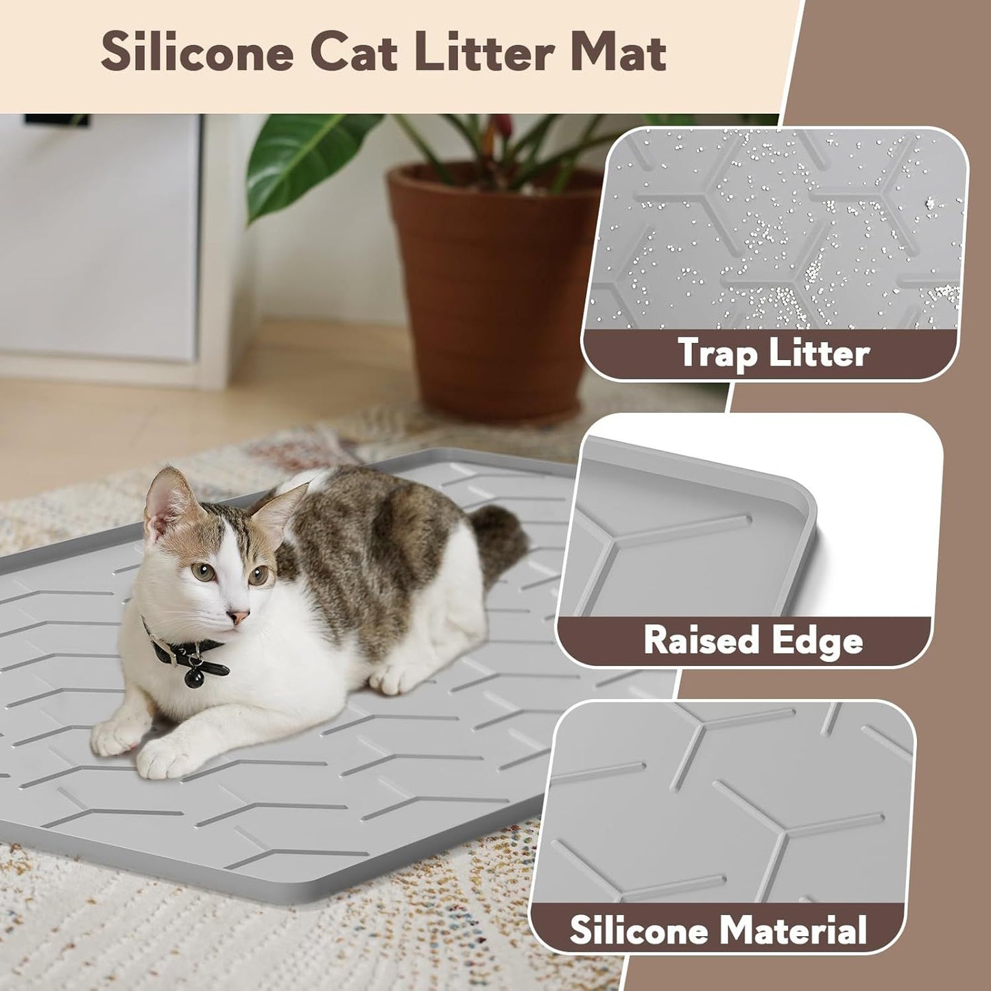 Cat Litter Box Mat, Large 34" X 22" Litter Trapping Mat for Cats, Waterproof Silicone Pad for Floor, Gray