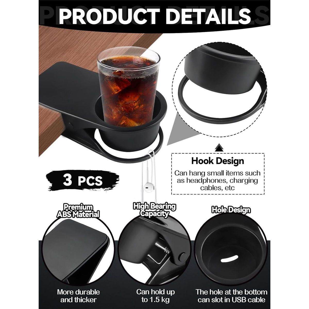 3PCS Drinking Cup Holder Clip,  Chair Desk Bottle Cup Stand DIY Glass Clamp Storage Saucer Clip for Potted Plant Beverage Soda Coffee Mug Holder Clip for Home & Office (Black)
