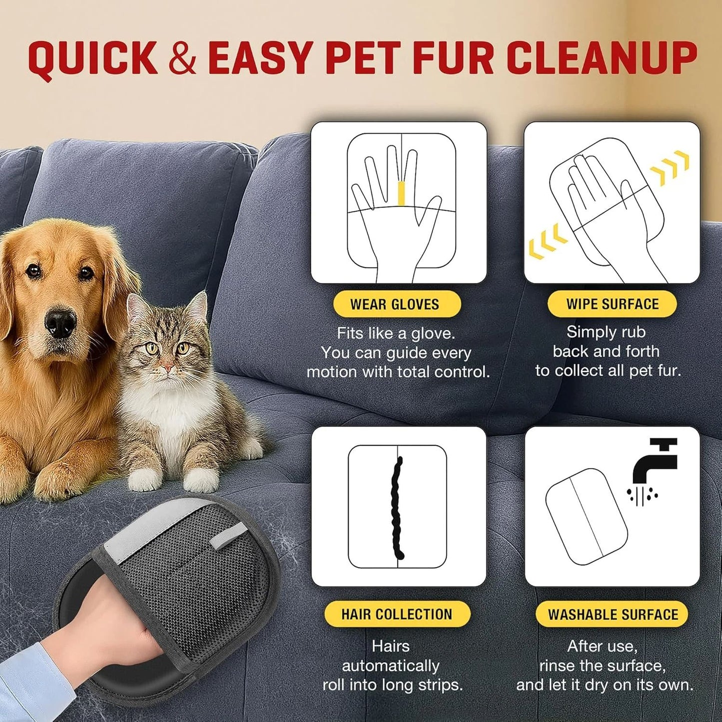 Pet Hair Remover Gloves for Cats & Dogs, Electrostatic Pet Hair Removal Gloves Brush for Pets Hair, Upgraded Animal Fur Removal Tool, Reusable Cats & Dogs Grooming Gloves for Hair Removal (2pcs)