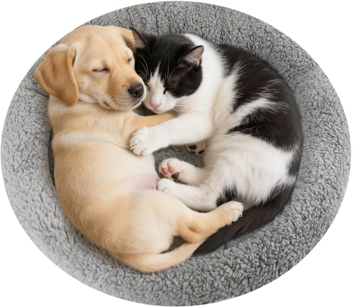 Enjoying Plush Cat Bed Mat Diameter 19.7" Round Pad with Pillow Around for Cats Dogs Relying/Curling Sleep Warm Dog Cushion for Crates, Antiskid Bottom, Large, Gray