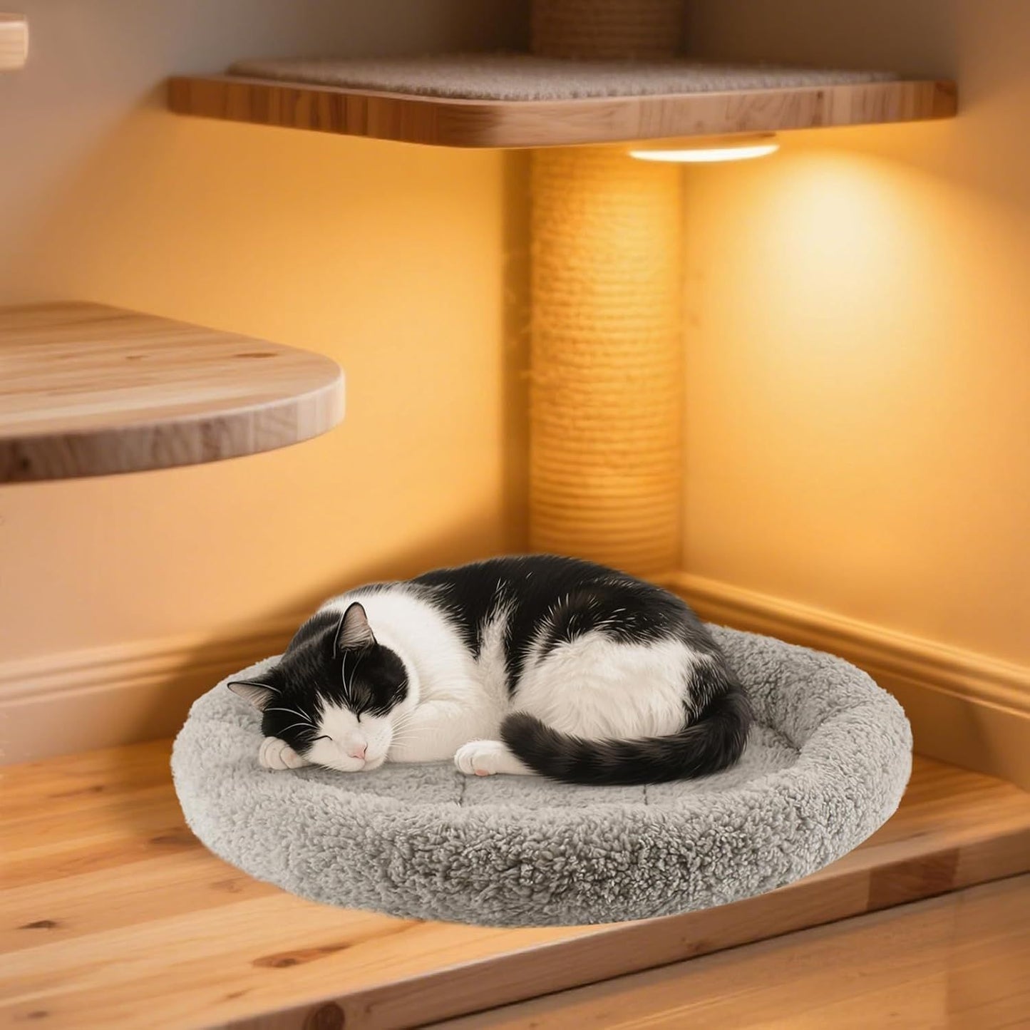 Enjoying Plush Cat Bed Mat Diameter 19.7" Round Pad with Pillow Around for Cats Dogs Relying/Curling Sleep Warm Dog Cushion for Crates, Antiskid Bottom, Large, Gray