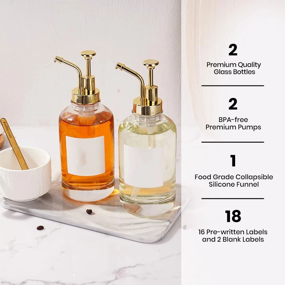 Olive Oil Dispenser for Kitchen, Cooking Oil and Vinegar Dispenser Set, Olive Oil Bottle, Soy sauce dispenser, coffee syrup bottles with stainless steel pourers - 2 pcs, Gold