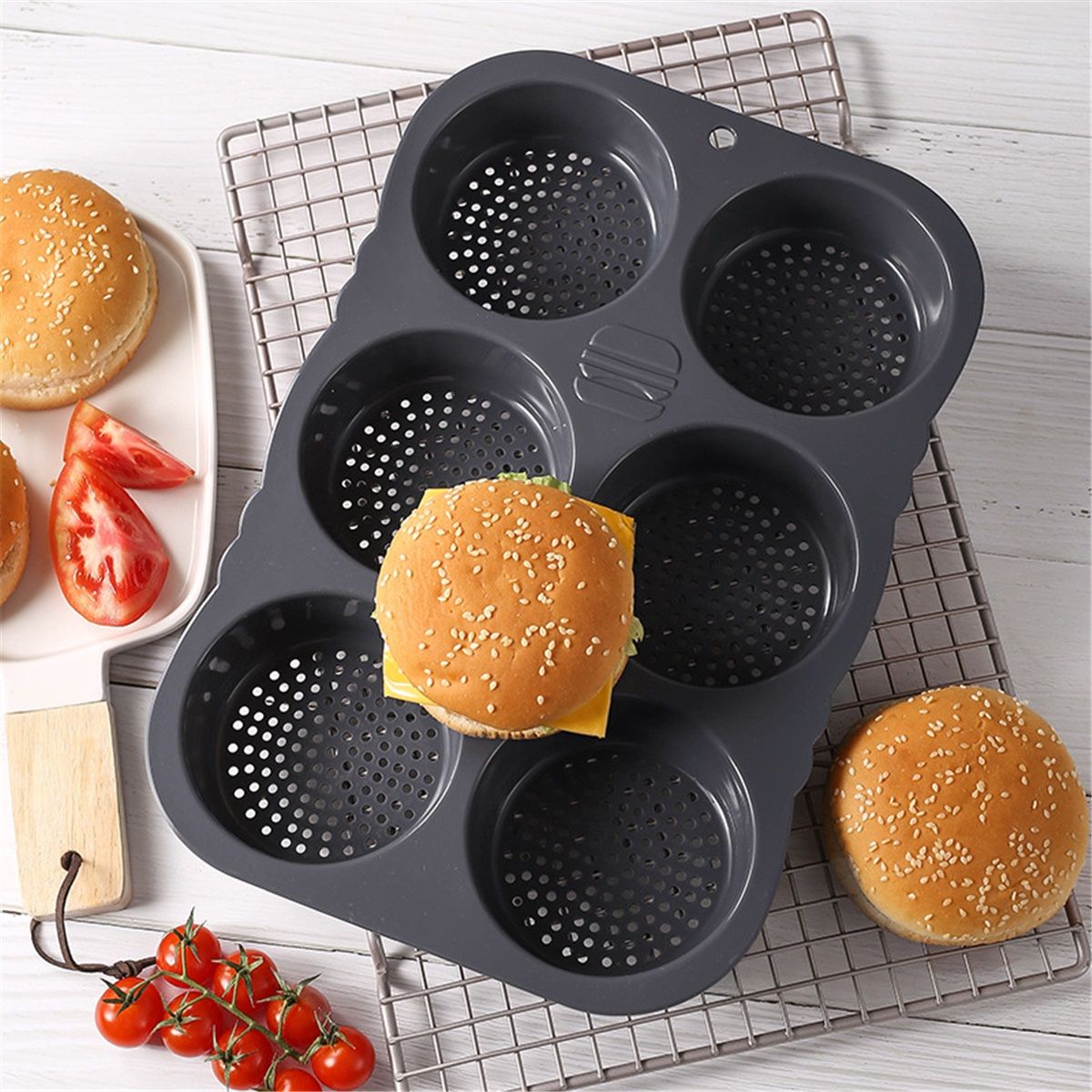 Hamburger Bun Mold, Hamburger Bun Pans for Baking, Burger Bun Pans Nonstick & Heat Resistant,Burger Buns pan, Silicone Homemade Hamburger Bread Mold,6 Cavity Silicone Pans Easy to Release