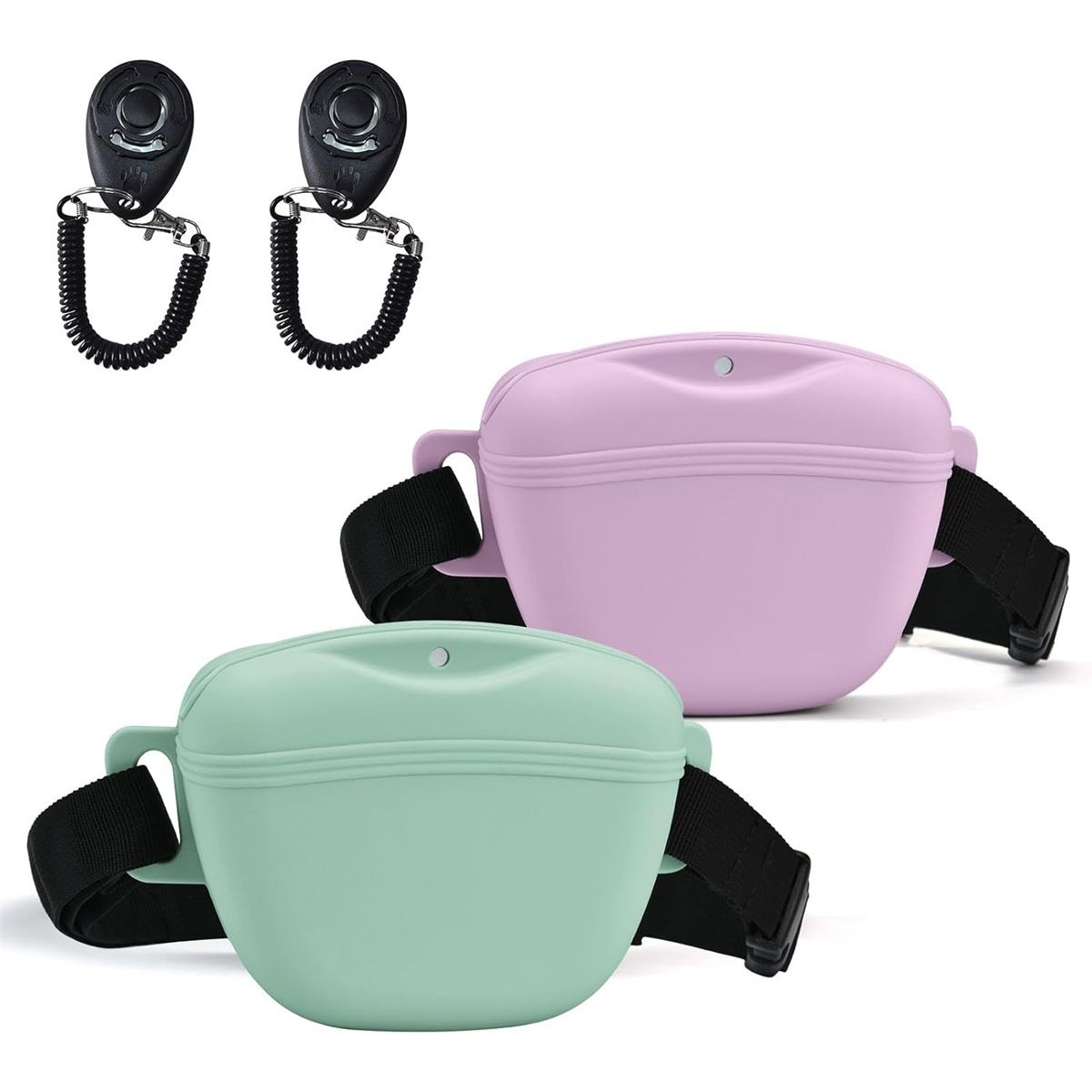 Upgraded Silicone Dog Treat Pouch with Training Clicker, Tighter Sealing to Prevent Food Spilling, Capacity Treat Bag with Waist Belt  2pcs