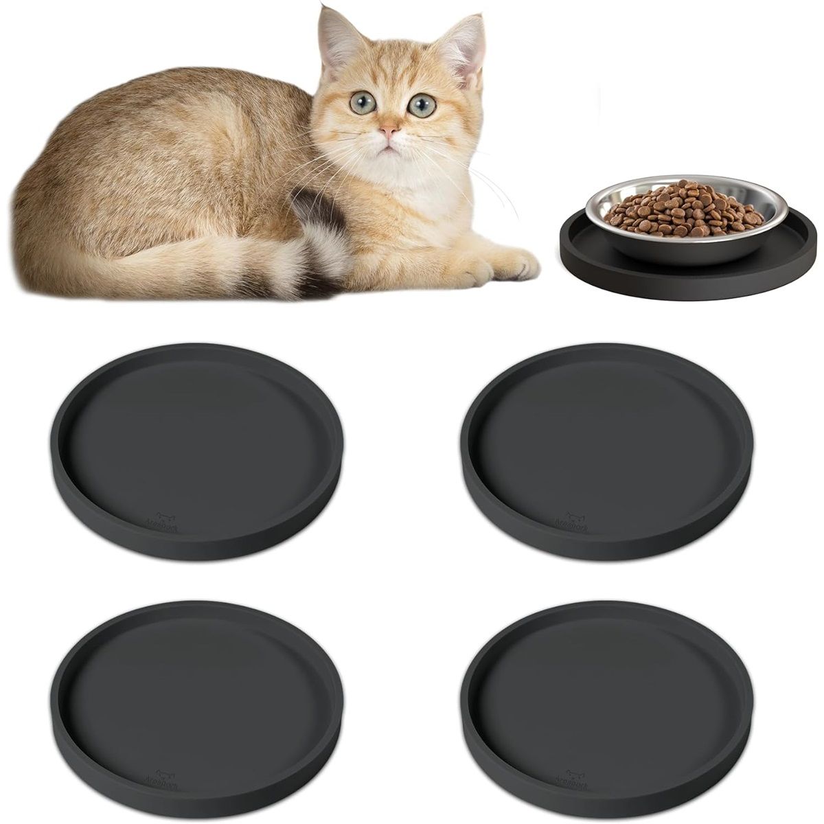 Cat Food Mat, Set of 4 Nonslip Waterproof Feeding Bowl Silicone Mats with Raised Edges for Food Water Prevent Spills, Round Eating Plates Tray for Dog Cat Puppy Kitten, 7'' x 7''