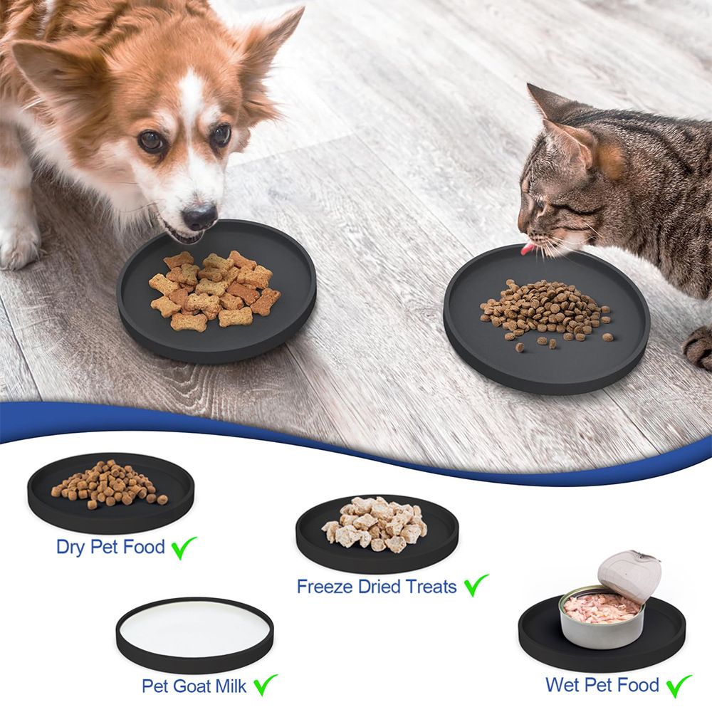 Cat Food Mat, Set of 4 Nonslip Waterproof Feeding Bowl Silicone Mats with Raised Edges for Food Water Prevent Spills, Round Eating Plates Tray for Dog Cat Puppy Kitten, 7'' x 7''