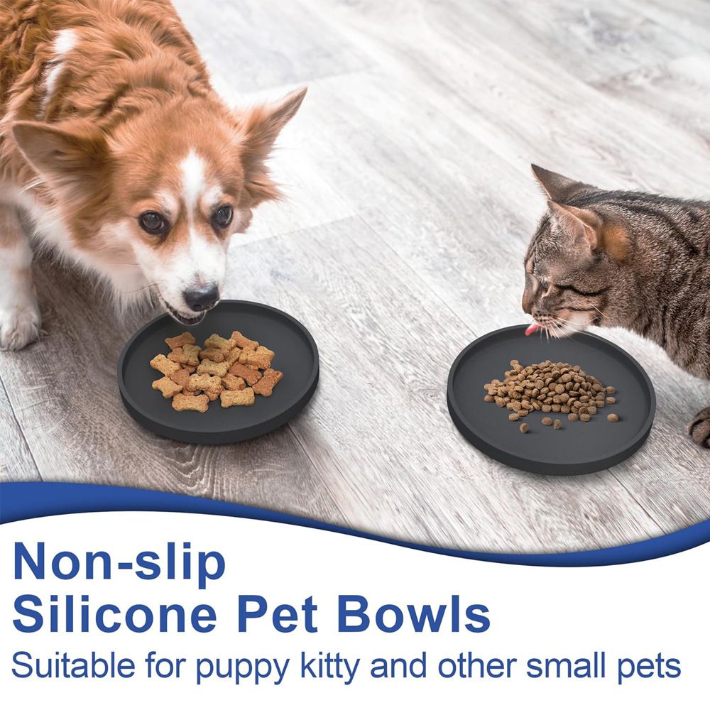 Cat Food Mat, Set of 4 Nonslip Waterproof Feeding Bowl Silicone Mats with Raised Edges for Food Water Prevent Spills, Round Eating Plates Tray for Dog Cat Puppy Kitten, 7'' x 7''
