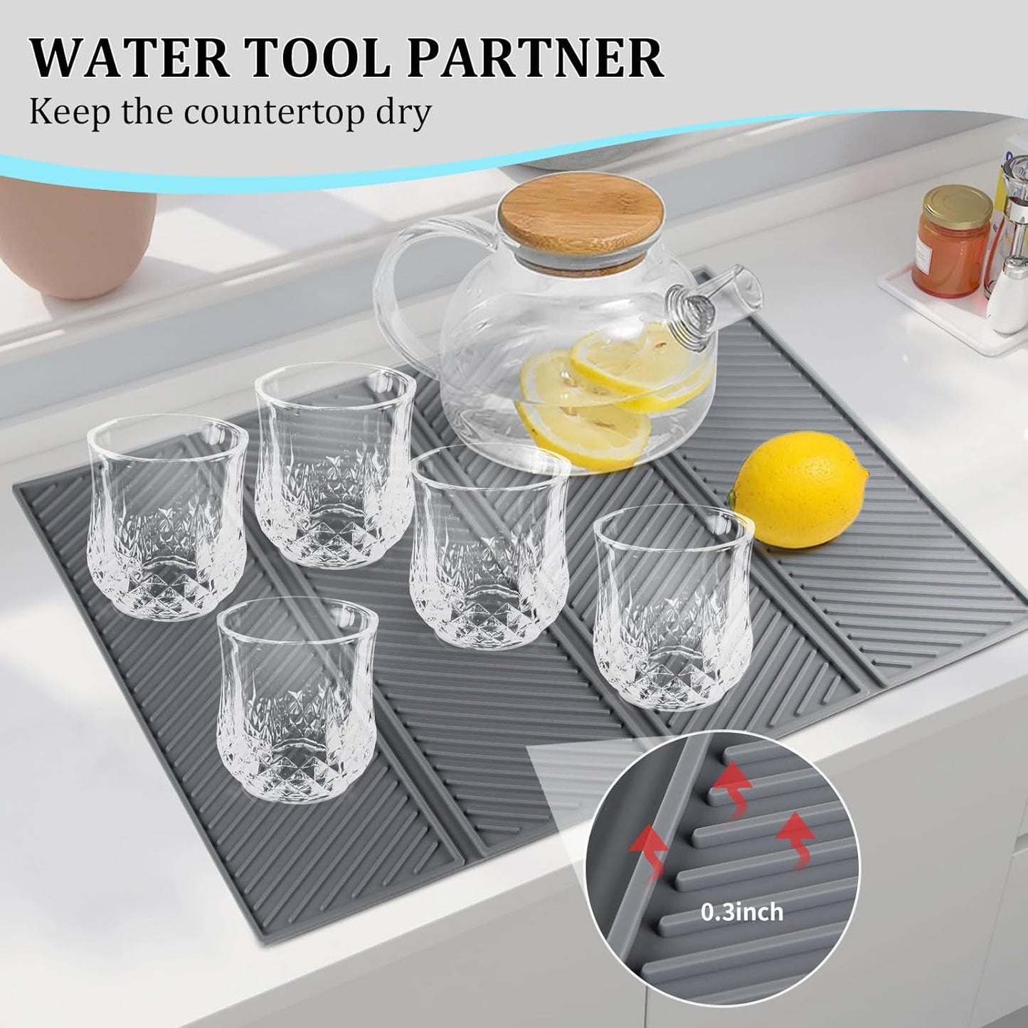 Dish Drying Mat for Kitchen Counter, Collapsible  Large Dish Drainer Mat, Silicone Drying Mat Non-Slip Silicone Sink Mat, Easy to Clean, Grey