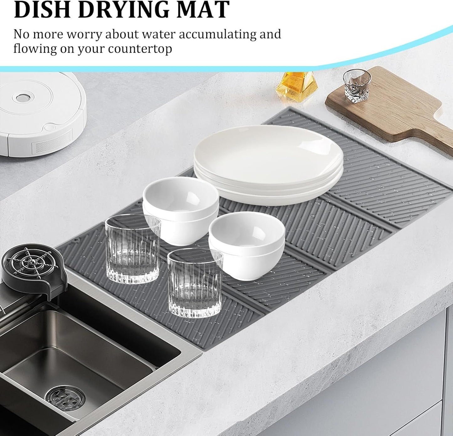 Dish Drying Mat for Kitchen Counter, Collapsible  Large Dish Drainer Mat, Silicone Drying Mat Non-Slip Silicone Sink Mat, Easy to Clean, Grey