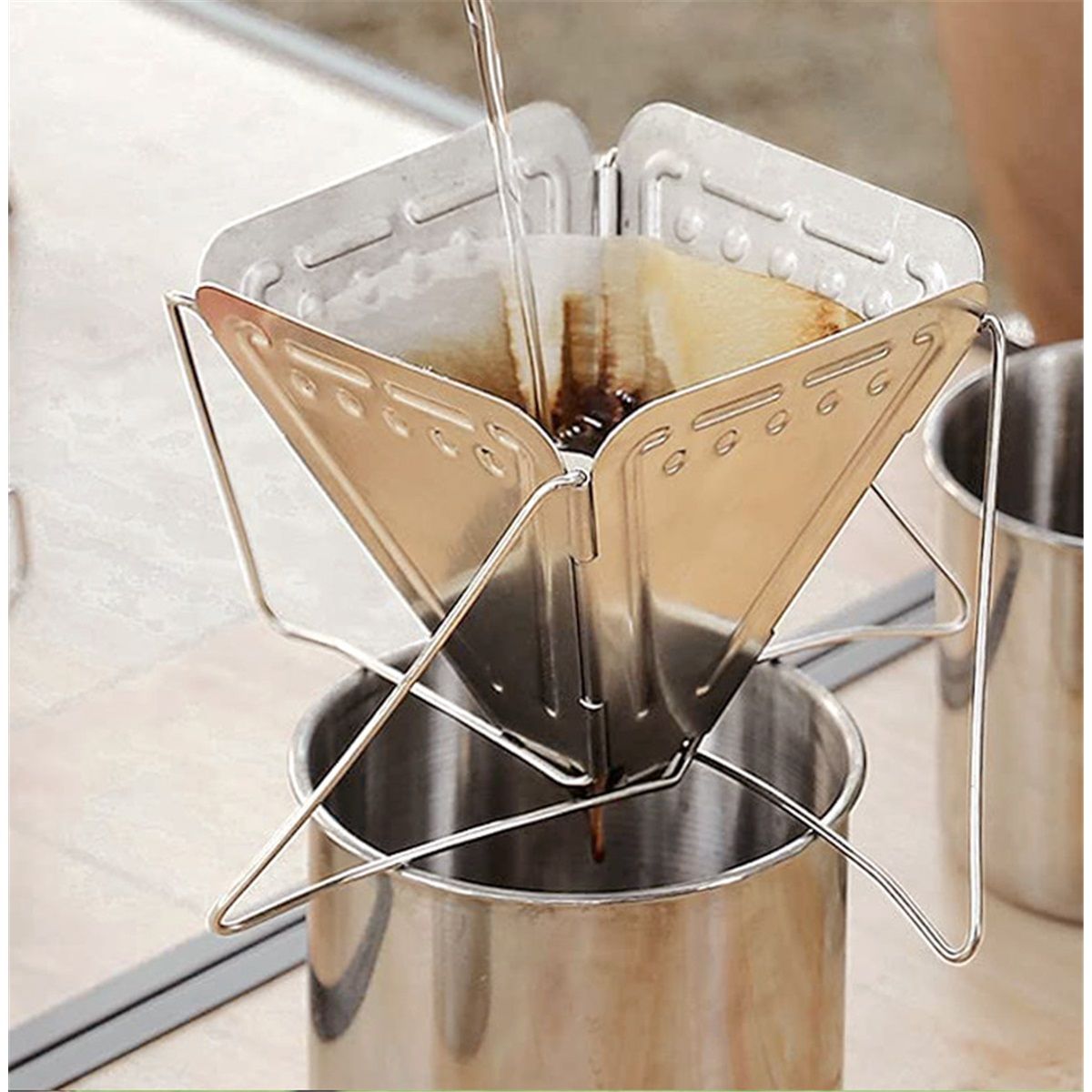 Stainless Steel Pour-Over Collapsible Coffee Drip, Durable, Portable, Easily Foldable, Camping, Backpacking