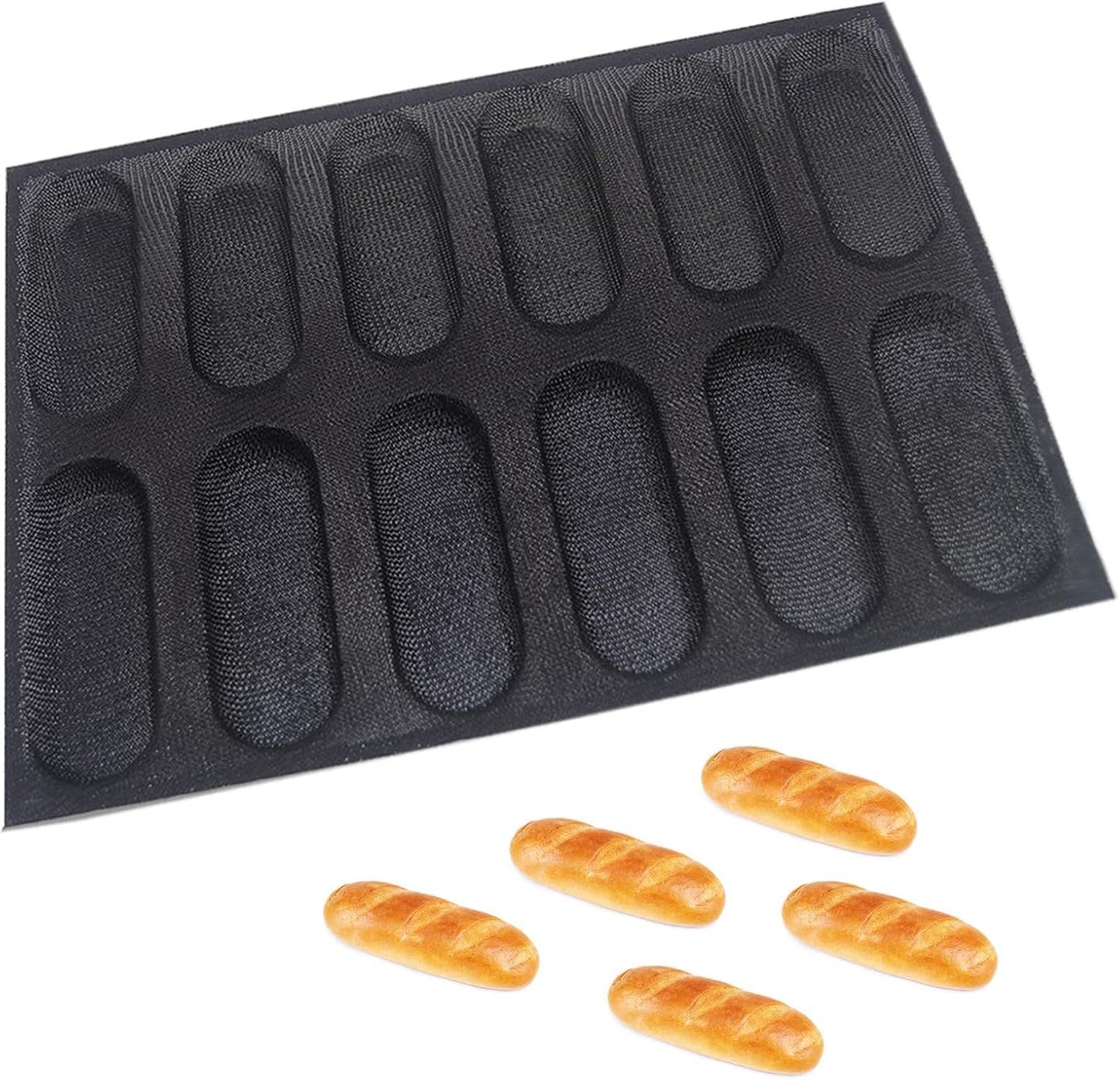 Silicone Bread Loaf Pan for Baking, Mini Baguette Bread Pan Perforated Hot Dog Bun Pan 12 Loaf Non Stick Baking Liners Mat